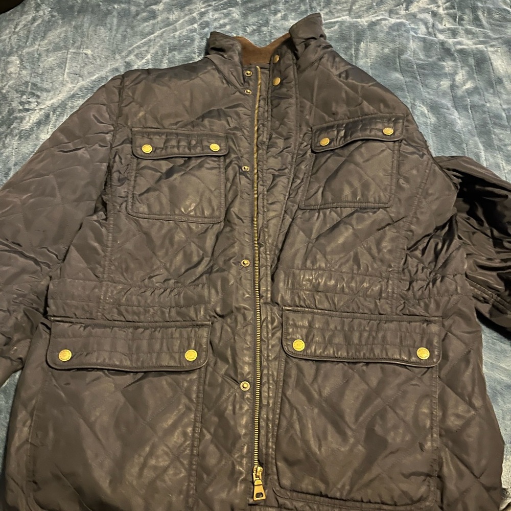 G.H. BASS AND CO. MENS BLUE BROWN NYLON QUILTED WINTER COAT JACKET